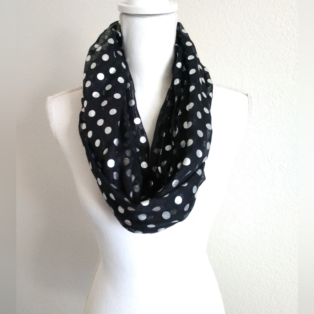 Black Silver Infinity Scarf Black with Silver Foil Polka Dots Geometric Print